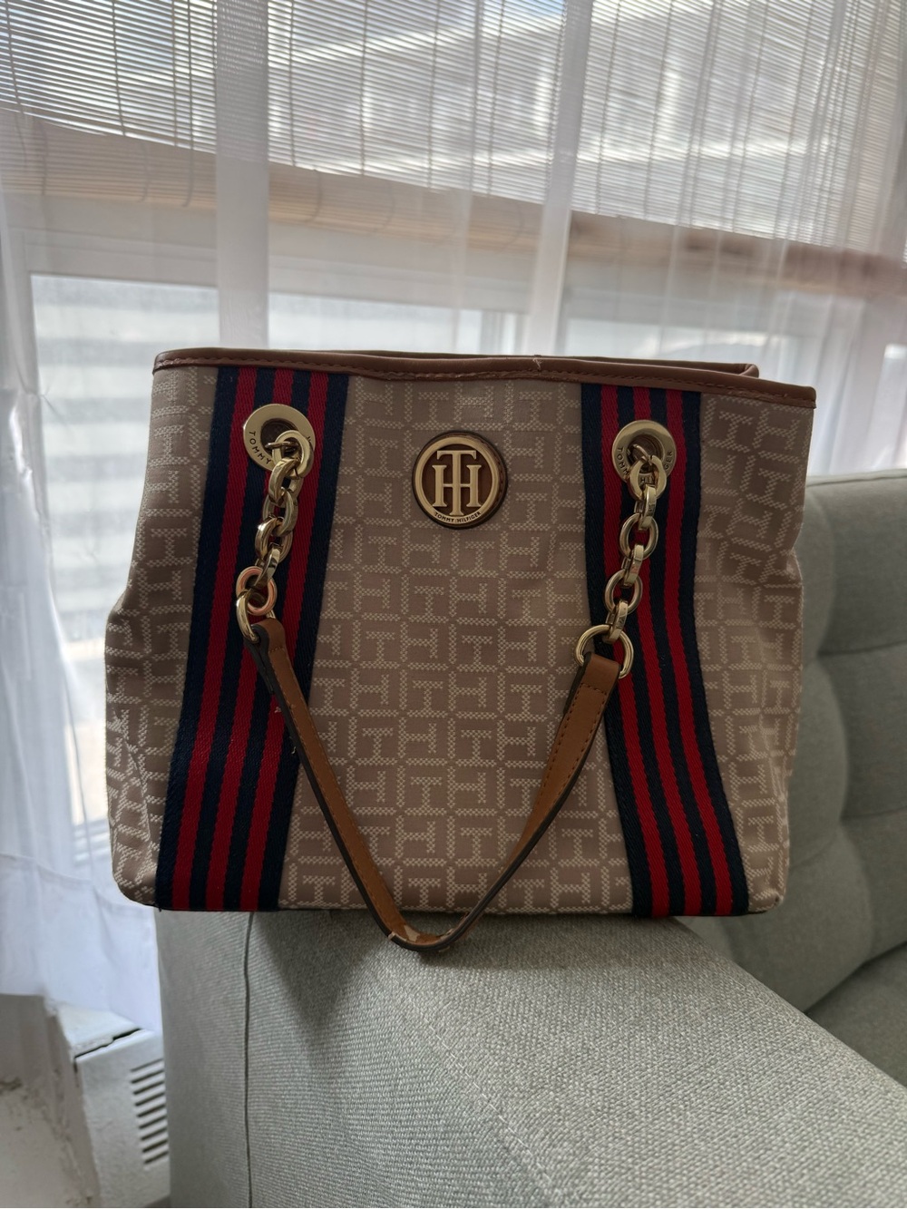 Tommy Hilfiger Beige Tote with Navy and Red Stripe Webbing